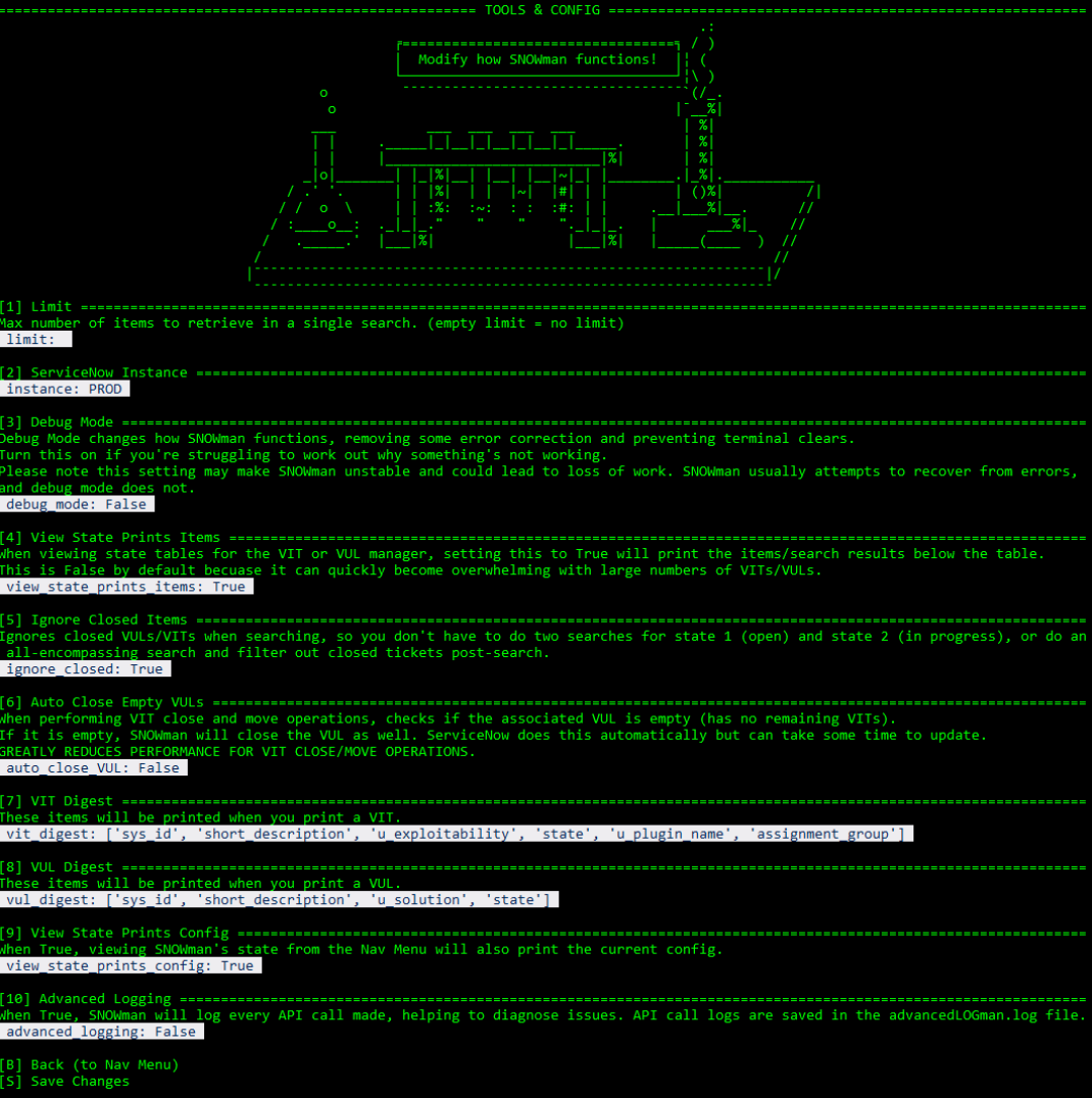 Snowman settings menu.